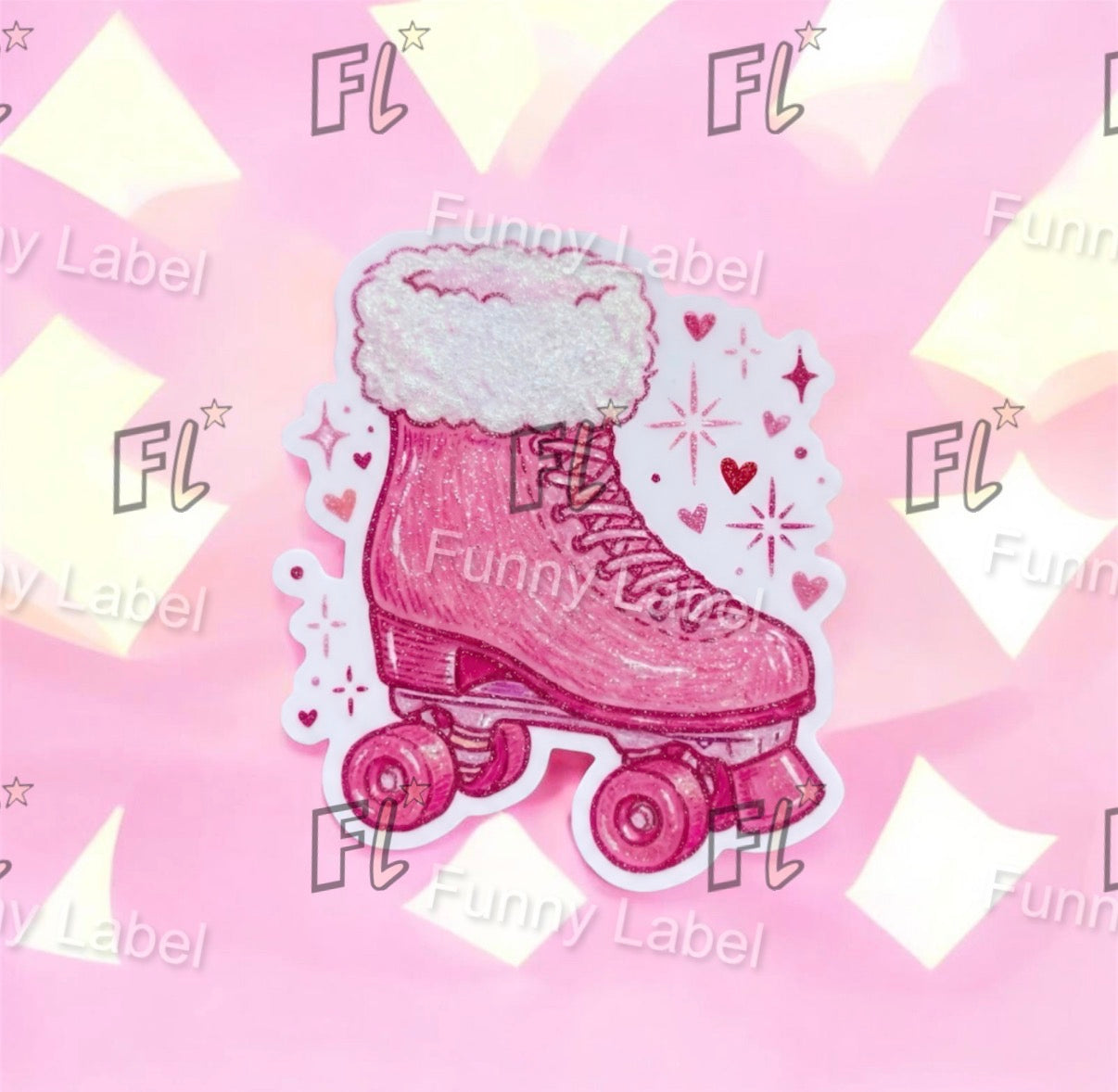 Pink roller skate with white fur top on a pink background with 'FL Funny Label' text.