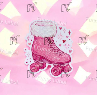Pink roller skate with white fur top on a pink background with 'FL Funny Label' text.