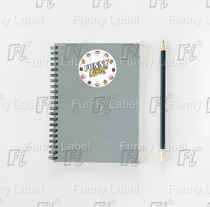 Funny Label Christmas Circle Sticker – Festive Holiday Label with Santa, Gifts & Gingerbread