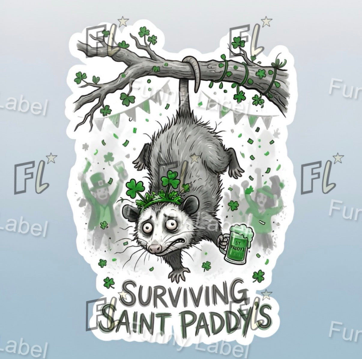 Opossum with a green beer and shamrock decorations, text 'Surviving Saint Paddys', on a light gray background.