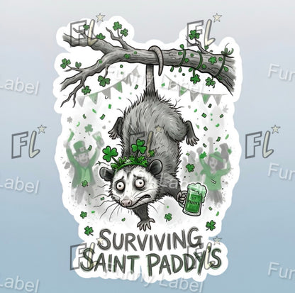 Opossum with a green beer and shamrock decorations, text 'Surviving Saint Paddys', on a light gray background.