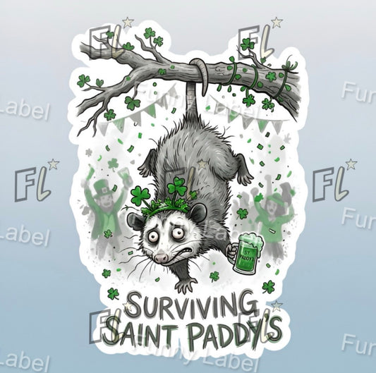Opossum with a green beer and shamrock decorations, text 'Surviving Saint Paddys', on a light gray background.