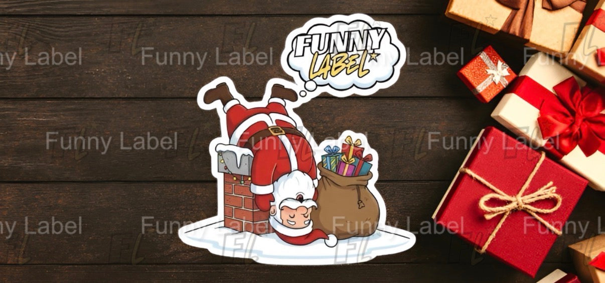 Sticker of Santa Claus and child with gifts on a wooden background with 'Funny Label' branding.