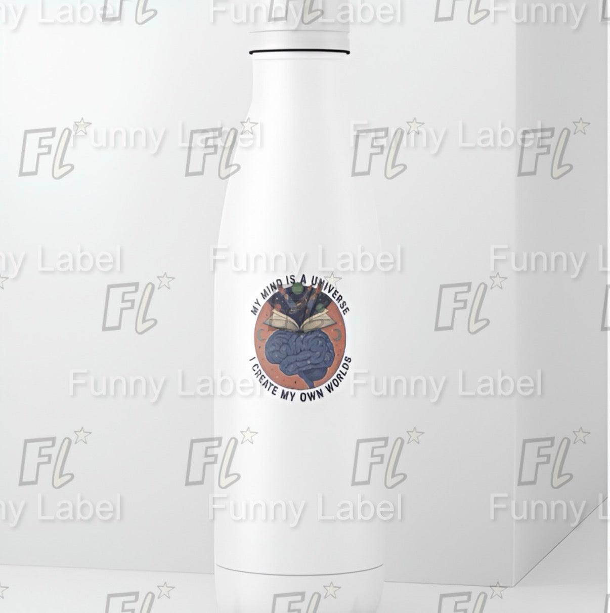 White water bottle with a logo and text on a white background with 'Funny Label' branding.
