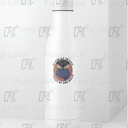 White water bottle with a logo and text on a white background with 'Funny Label' branding.