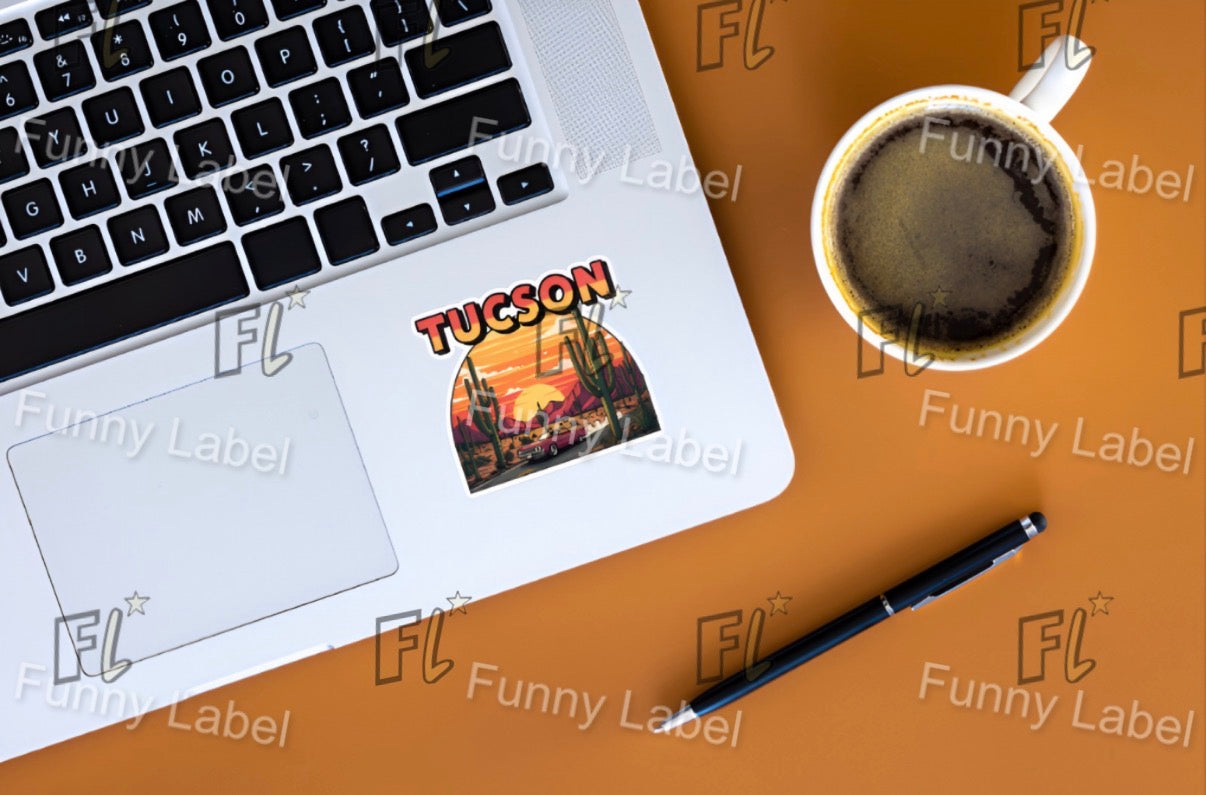 Tucson Arizona Sunset Sticker – Retro Desert Scene with Cactus & Classic Car