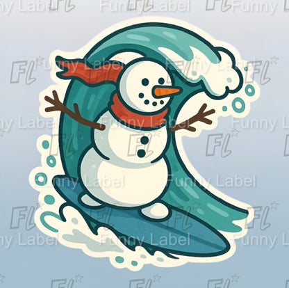 Cartoon snowman surfing on a wave with 'Funny Label' branding.