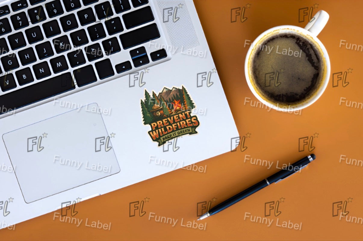 Laptop with a printed design on a brown surface with a coffee cup and pen.