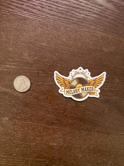 Melody Maker Vinyl Record Sticker | Retro Music Lover Decal | Winged LP Art | Musician DJ Gift | Studio Producer Vinyl | Rock & Roll Emblem