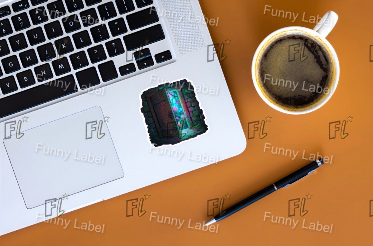 Laptop with a sticker on a brown surface next to a coffee cup and pen, with 'Funny Label' branding.
