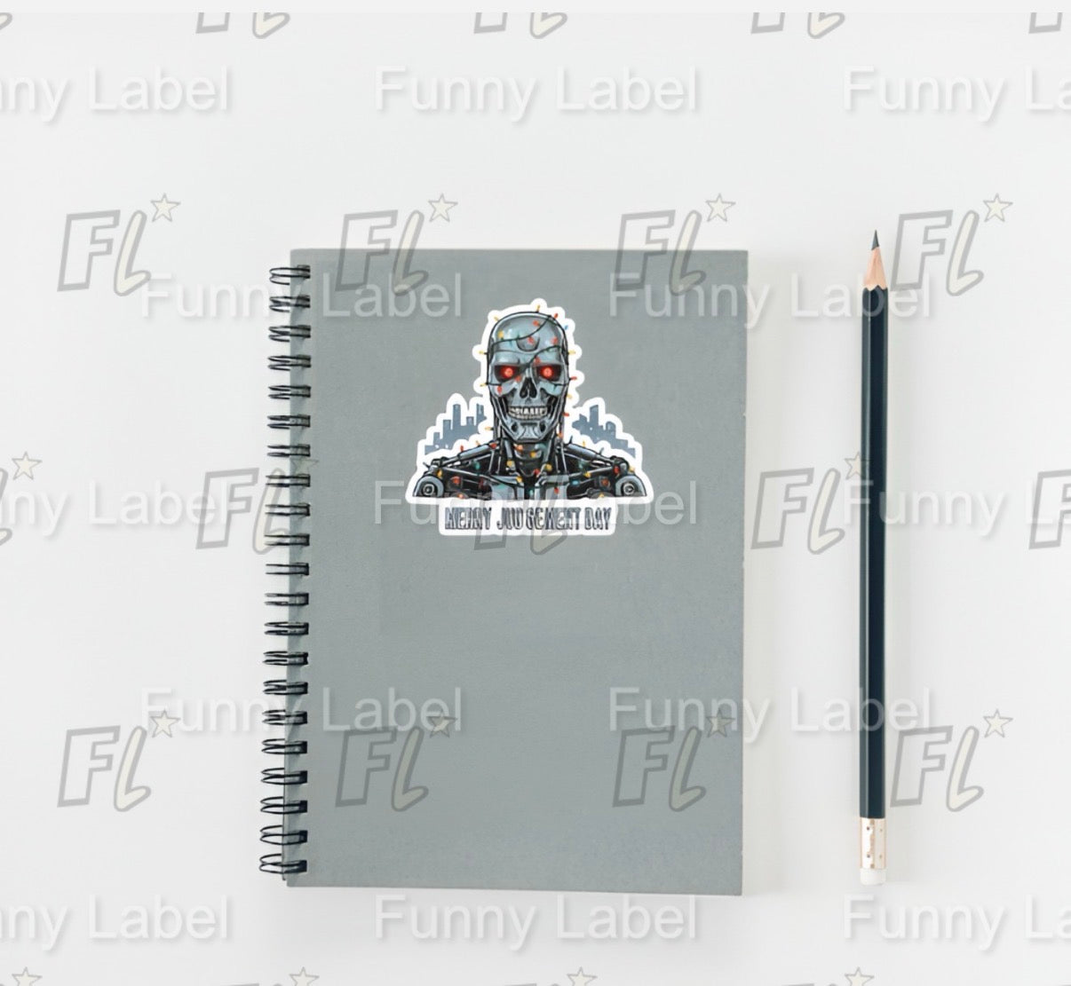 Merry Judgement Day Sticker – Funny Terminator T-800 Skull Christmas Label with Lights & City Skyline