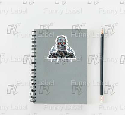 Merry Judgement Day Sticker – Funny Terminator T-800 Skull Christmas Label with Lights & City Skyline