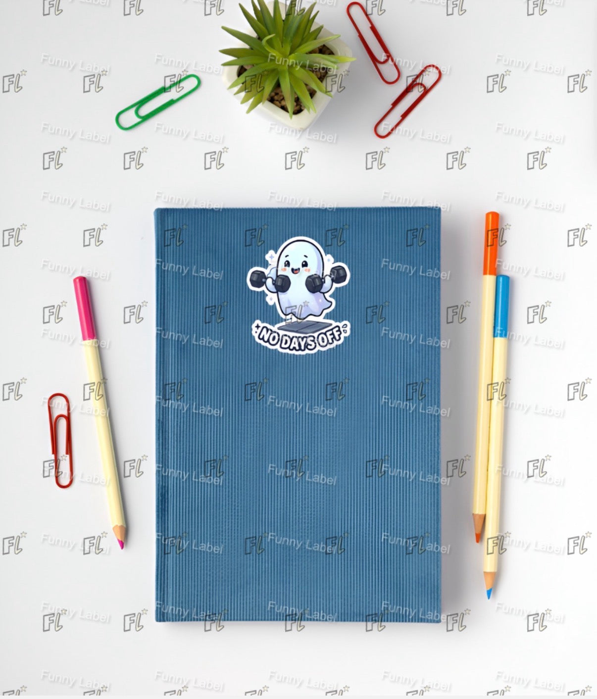 Blue notebook with a ghost logo and 'No Days Off?' text, surrounded by stationery items on a white background.