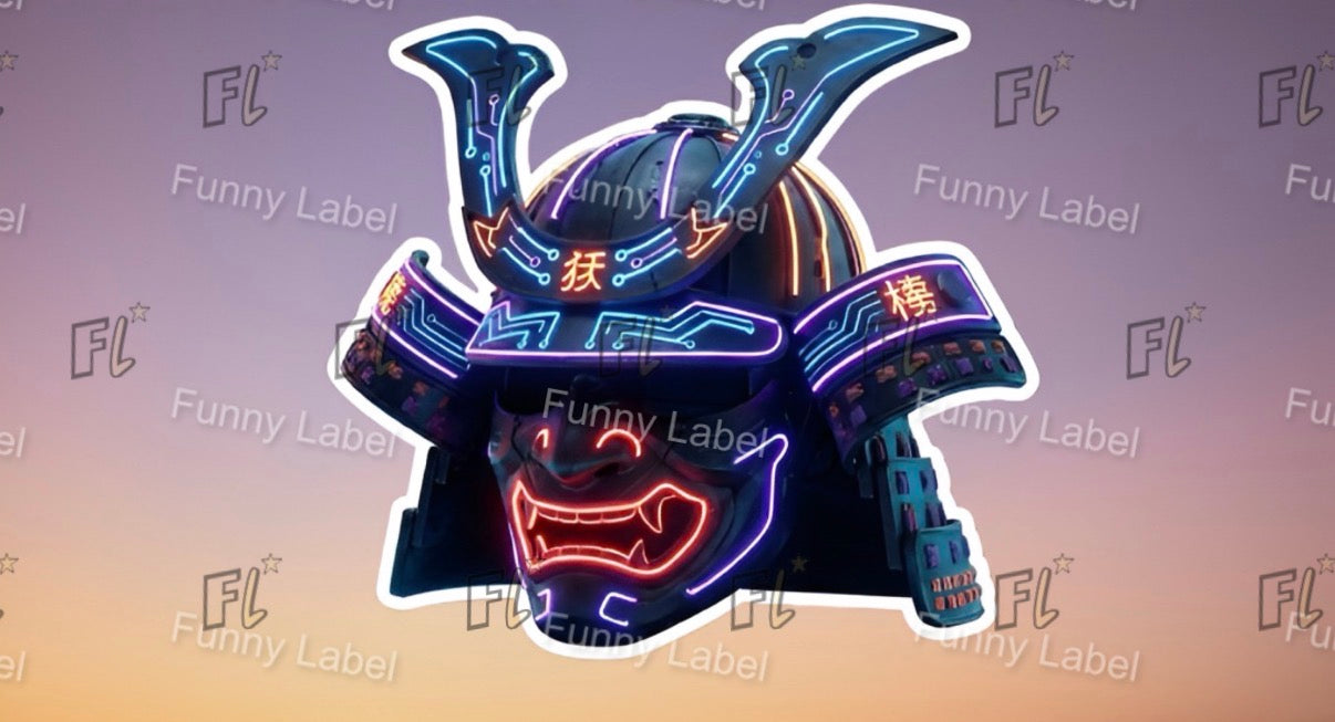 Neon samurai helmet with glowing blue and red accents on a gradient background with 'Funny Label' branding.