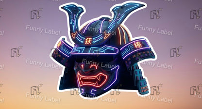 Neon samurai helmet with glowing blue and red accents on a gradient background with 'Funny Label' branding.