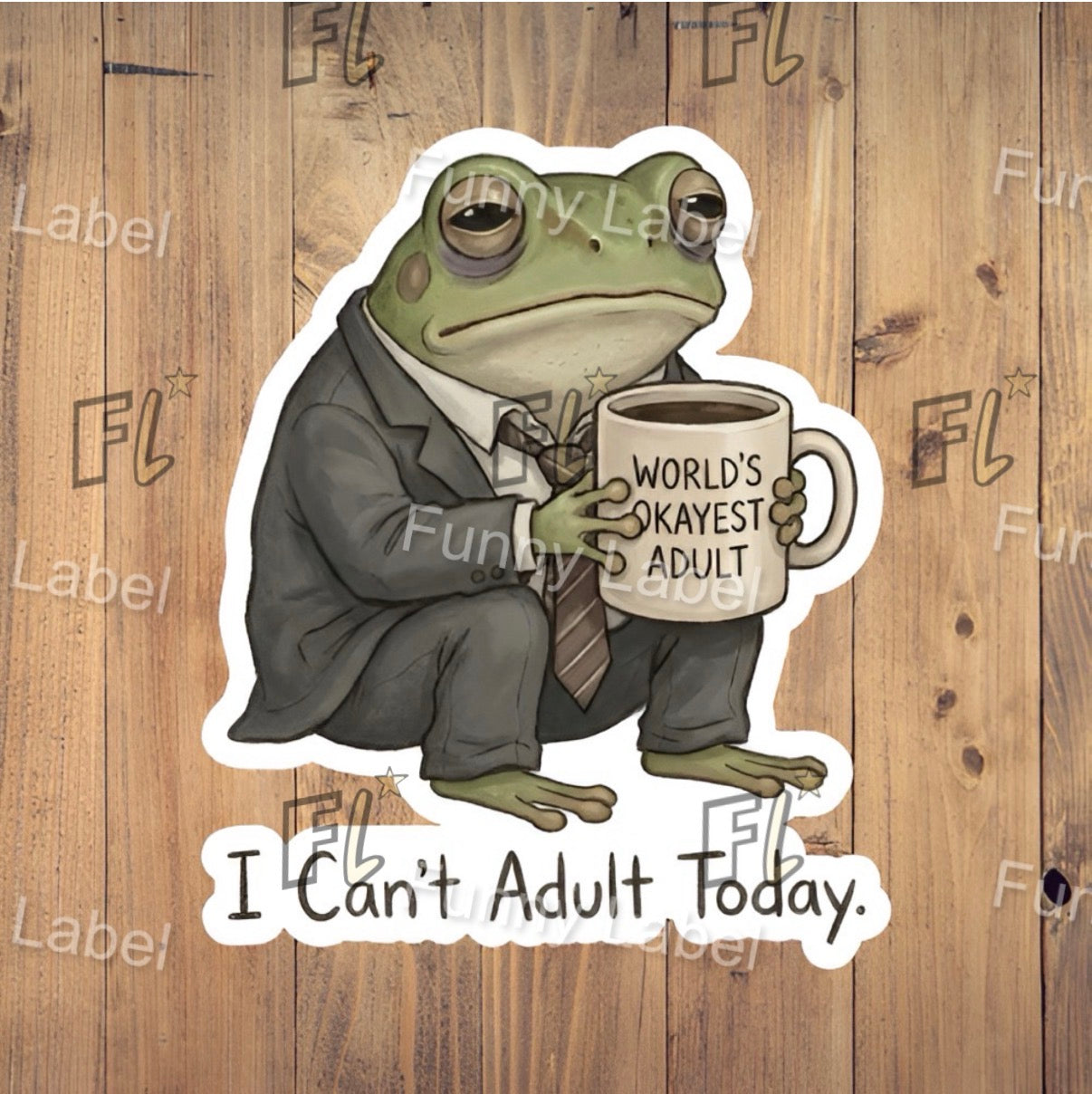 Frog in a suit holding a mug with text on a wooden background