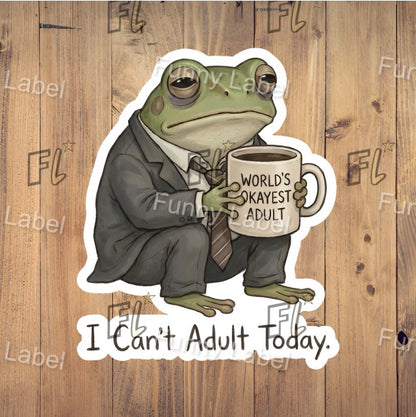 Frog in a suit holding a mug with text on a wooden background