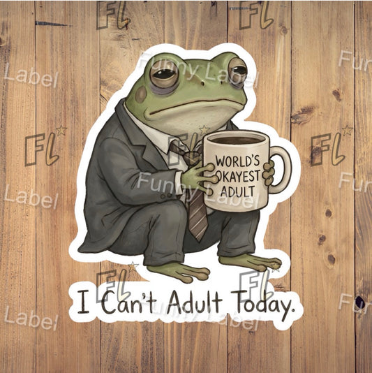 Frog in a suit holding a mug with text on a wooden background
