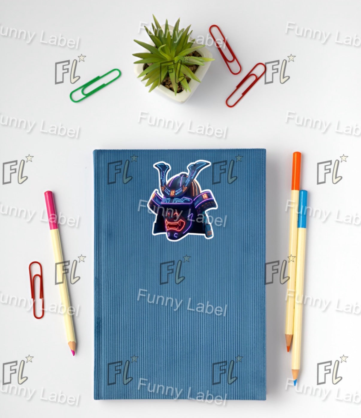 Blue notebook with a sticker on a white background with stationery items and 'FL' branding.