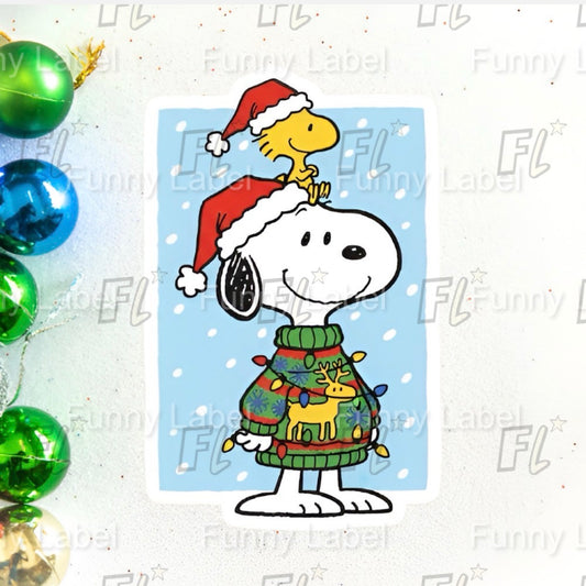 Snoopy & Woodstock Ugly Christmas Sweater Sticker | Peanuts Holiday Decal | Santa Hat Vinyl