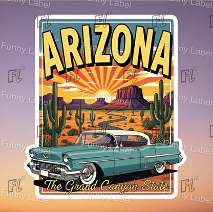 Arizona Sticker - The Grand Canyon State Decal - Retro Travel Art - Route 66 Gift - Vintage Car Sticker