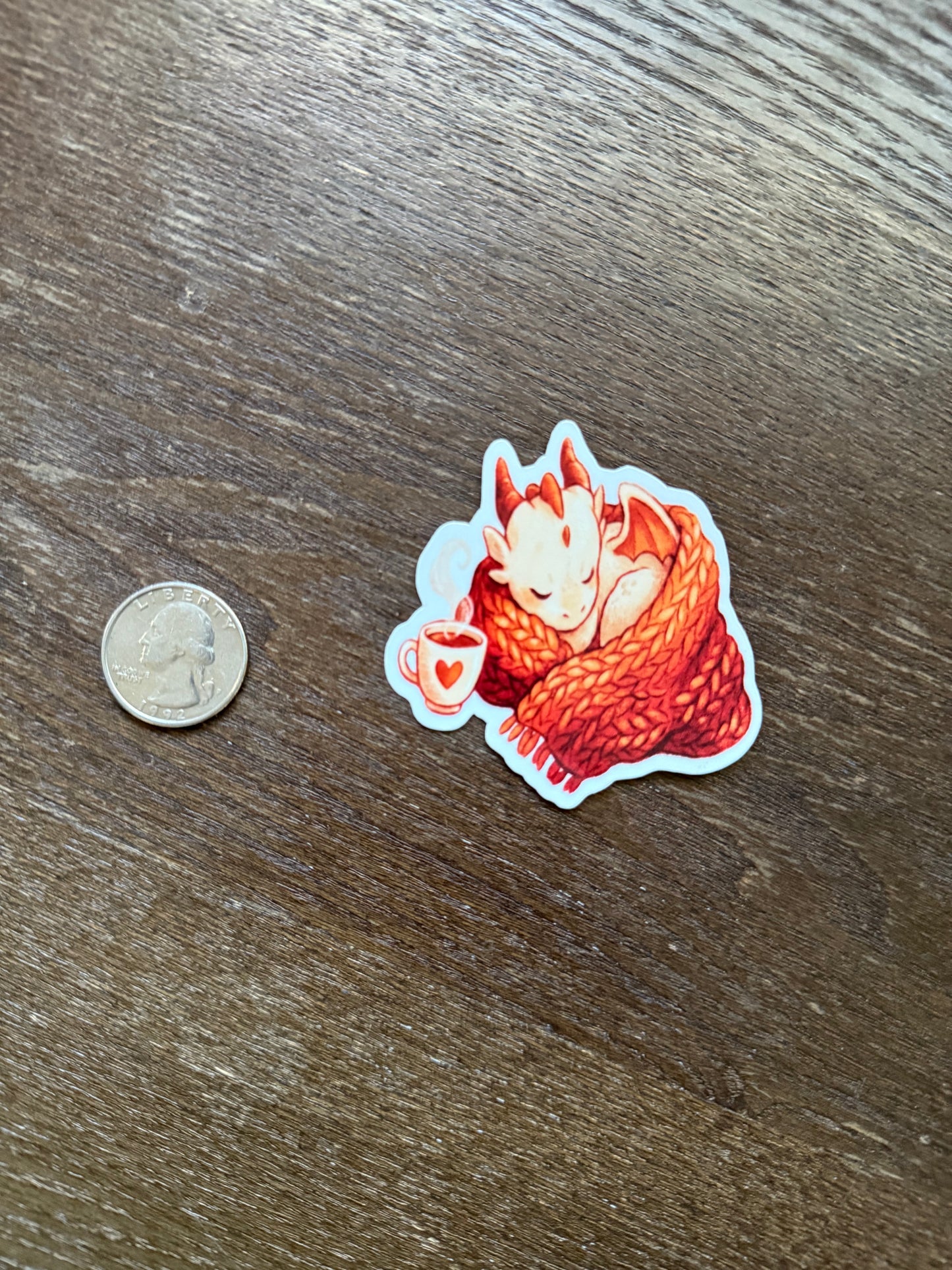 Cozy Sleeping Dragon Sticker – Fantasy Creature with Blanket & Tea