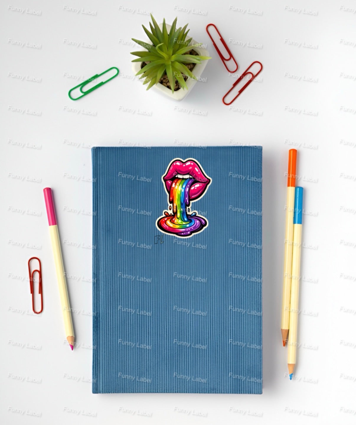 Blue notebook with a colorful lip design on a white surface with stationery items.