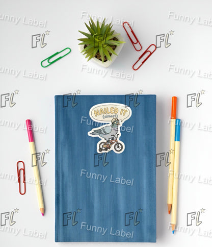 Blue notebook with a sticker on a white background with office supplies