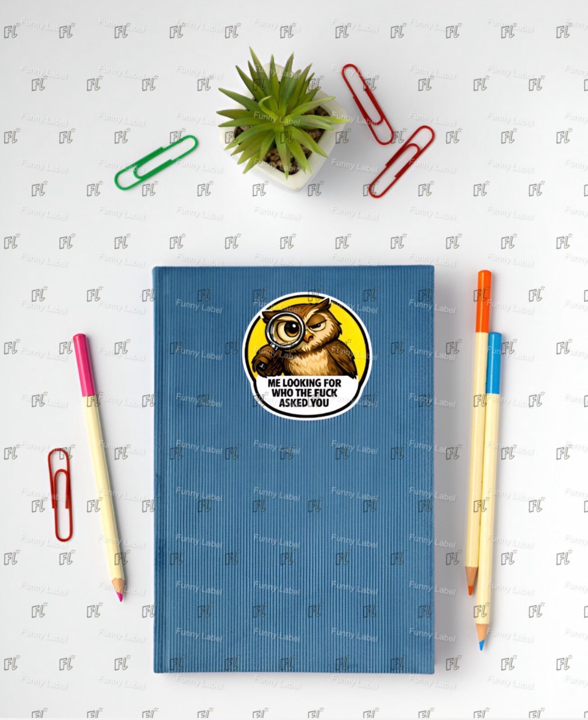 Blue notebook with an owl sticker on a white background with stationery items.