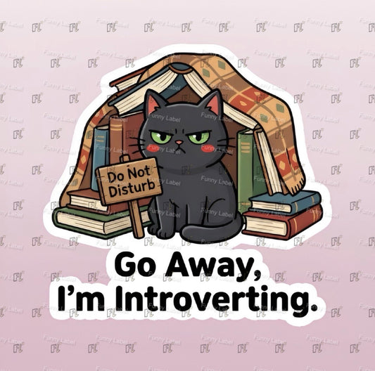 Cartoon cat surrounded by books with a 'Do Not Disturb' sign and text 'Go Away, I'm Introverting.' on a light purple background.