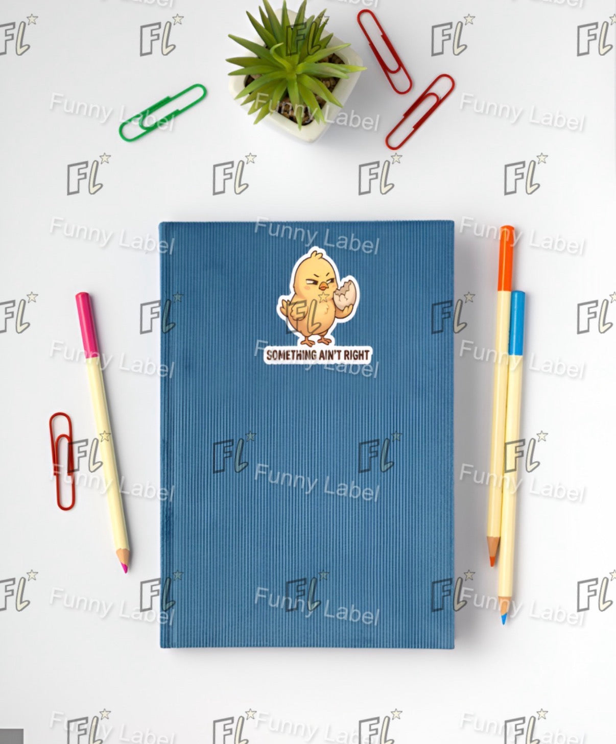Blue notebook with a cartoon character sticker, surrounded by colorful pens and paper clips on a white background with 'Funny Label' branding.