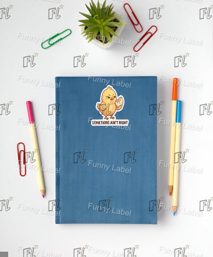 Blue notebook with a cartoon character sticker, surrounded by colorful pens and paper clips on a white background with 'Funny Label' branding.