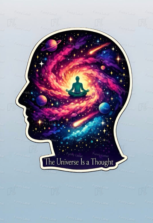 Sticker with a silhouette of a head containing a galaxy and a meditating figure, with 'The Universe Is a Thought' text on a light blue background.