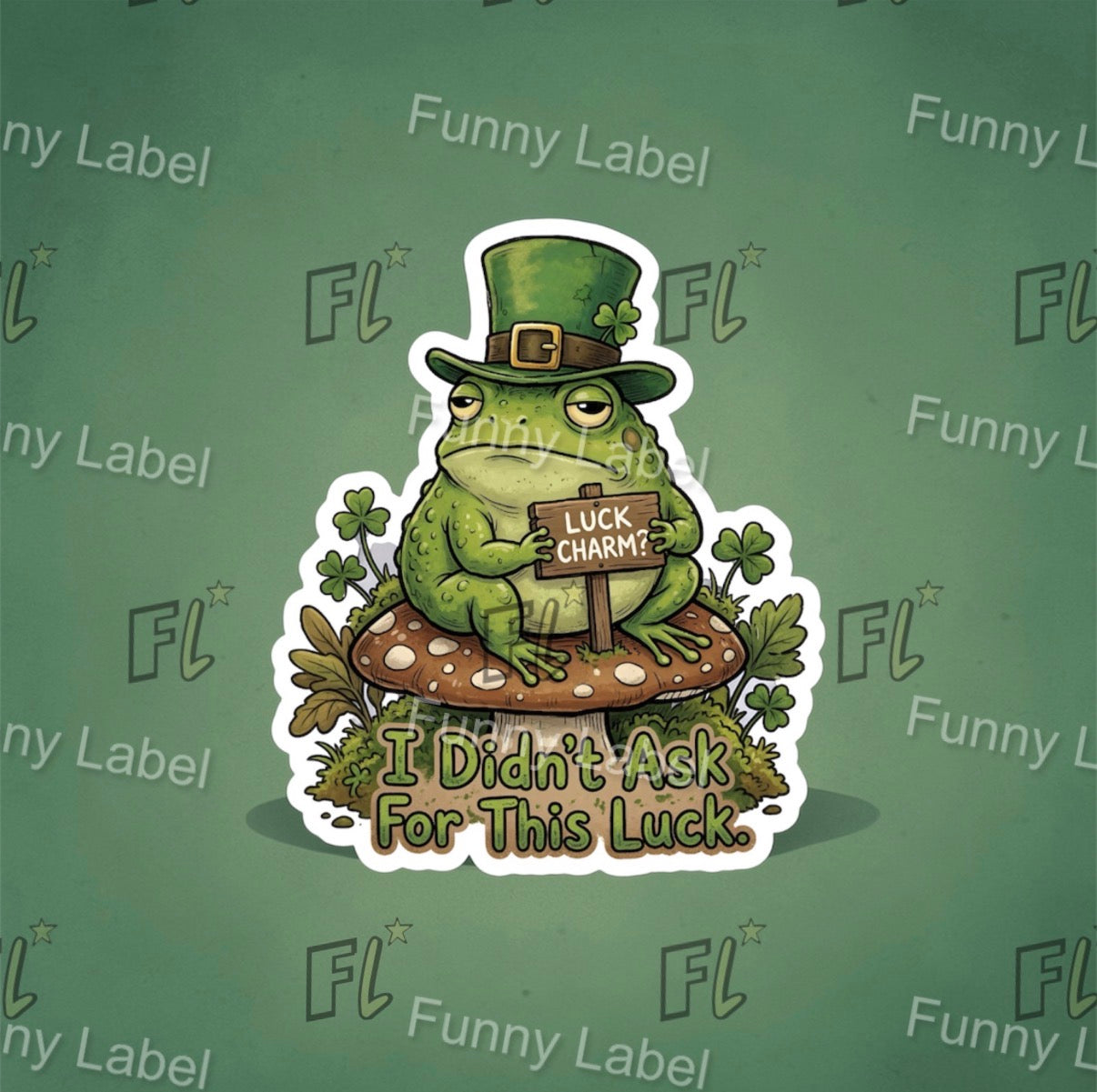 Sticker of a frog wearing a green hat with text 'I Didn't Ask For This Luck' on a green background with 'Funny Label' branding.