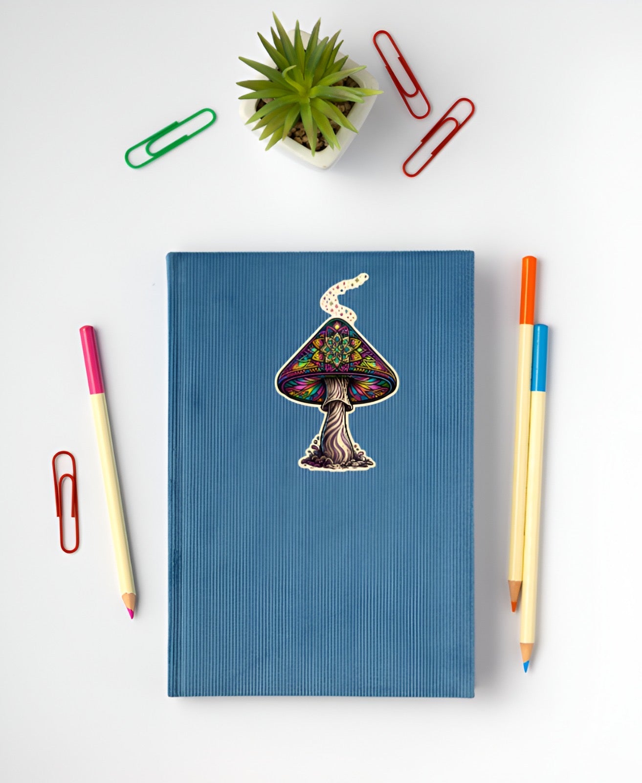 Blue notebook with a colorful mushroom design on a white surface with stationery items.