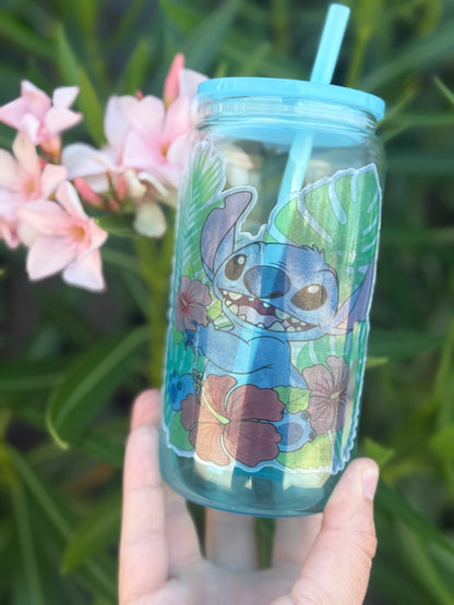 Stitch Cup | Stitch Glass Tumbler | Lilo & Stitch Iced Coffee Cup | Disney Fan Gift | Cute Stitch Gift | Glass Can Gift | 16oz Reusable Cup