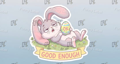 Cartoon rabbit holding an egg with 'OK' on it, surrounded by grass and flowers, on a light blue background with 'Funny Label' branding.
