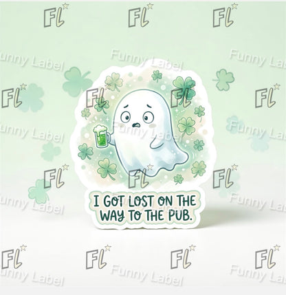 Sticker with a ghost holding a beer mug and text 'I got lost on the way to the pub.' on a light green background with shamrock patterns and 'FL' branding.