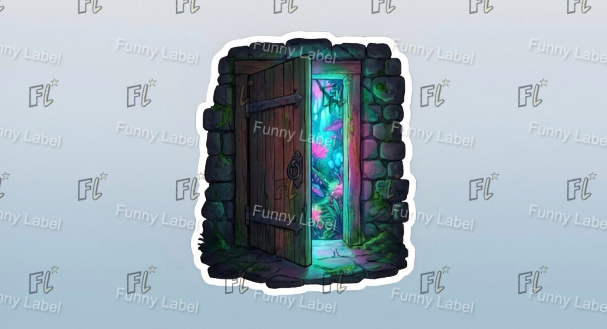 Fantasy door with glowing interior on a light blue background