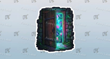 Fantasy door with glowing interior on a light blue background