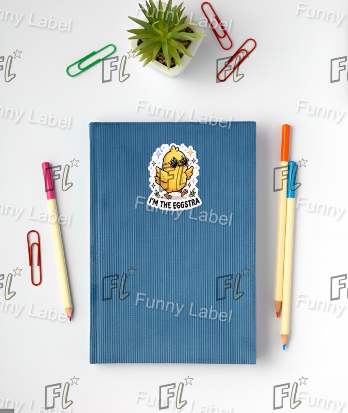 Blue notebook with a sticker on top of it, surrounded by stationery items and 'FL Funny Label' branding.