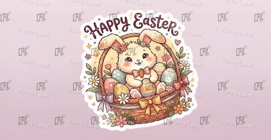 Cartoon cat in a Easter basket with eggs and flowers, 'Happy Easter' text on a light purple background.