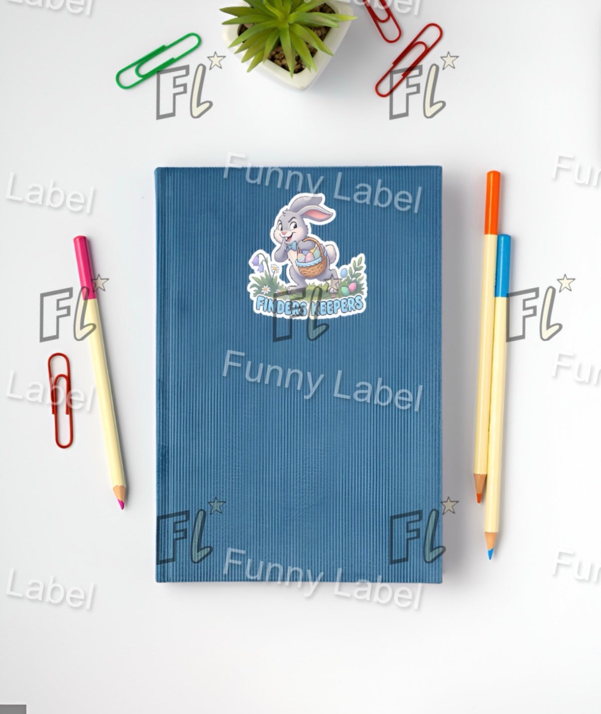 Blue notebook with a cartoon character on the cover, surrounded by colorful pens and paper clips on a white background.