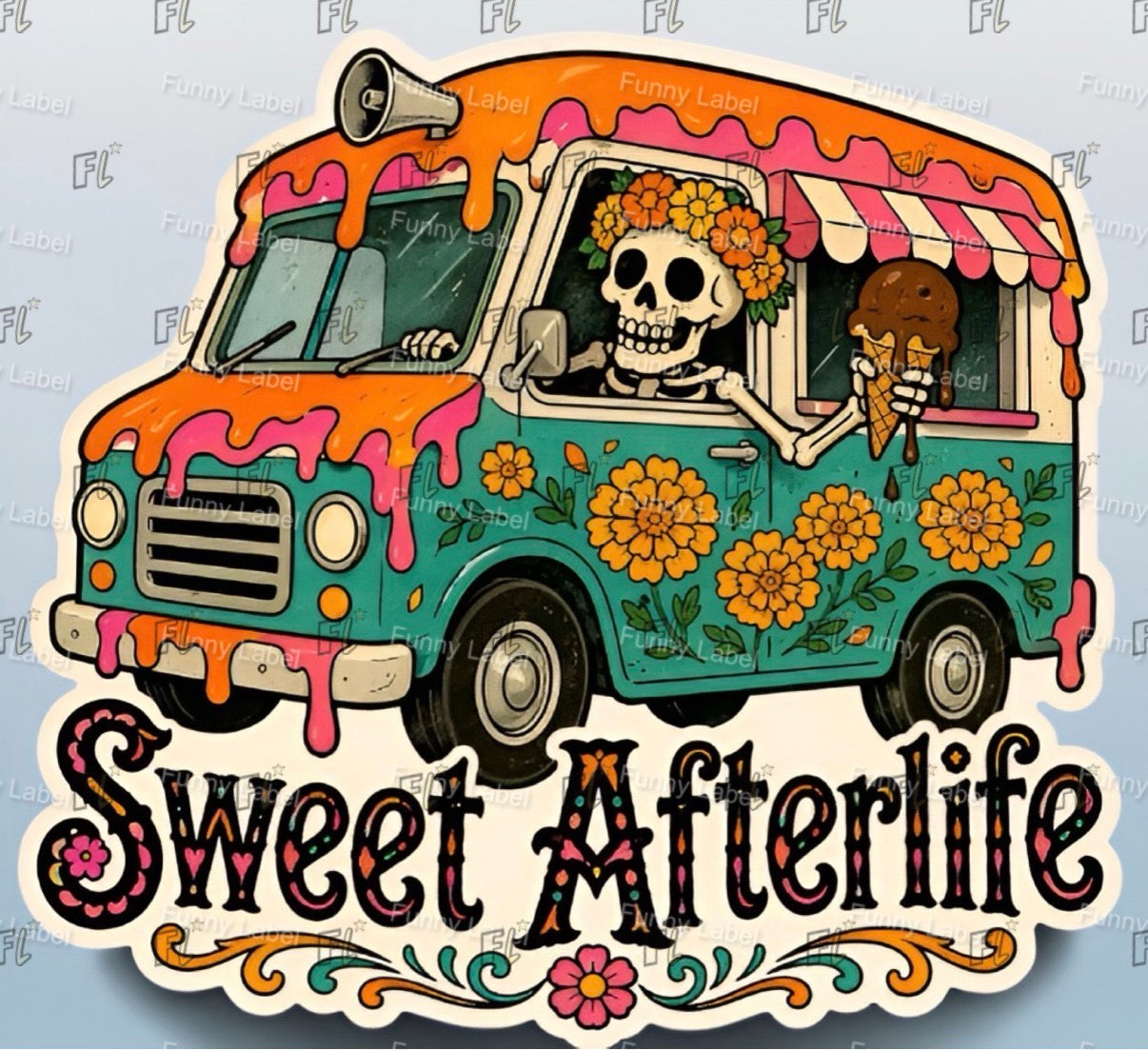 Ice cream truck with skeleton driver and 'Sweet Afterlife' text on a light blue background