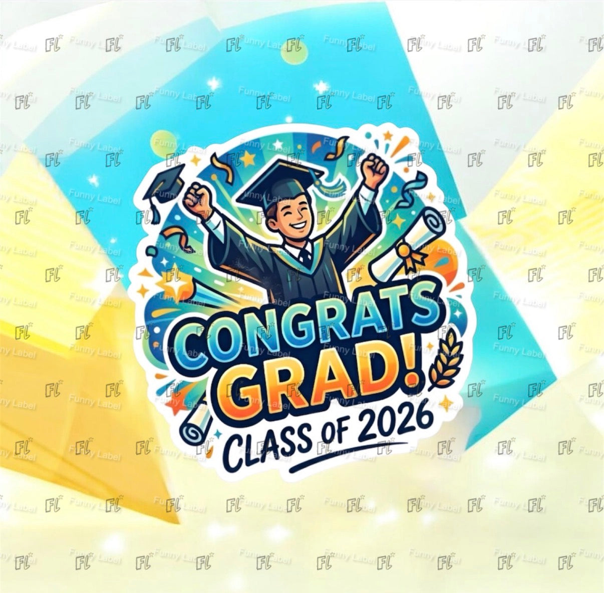 Graduation-themed card with 'Congrats Grad! Class of 2026' text and a graduate illustration on a blue and yellow background.