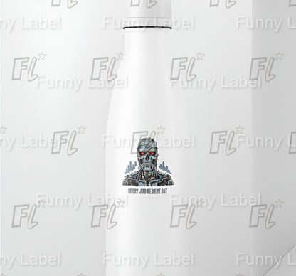 Merry Judgement Day Sticker – Funny Terminator T-800 Skull Christmas Label with Lights & City Skyline