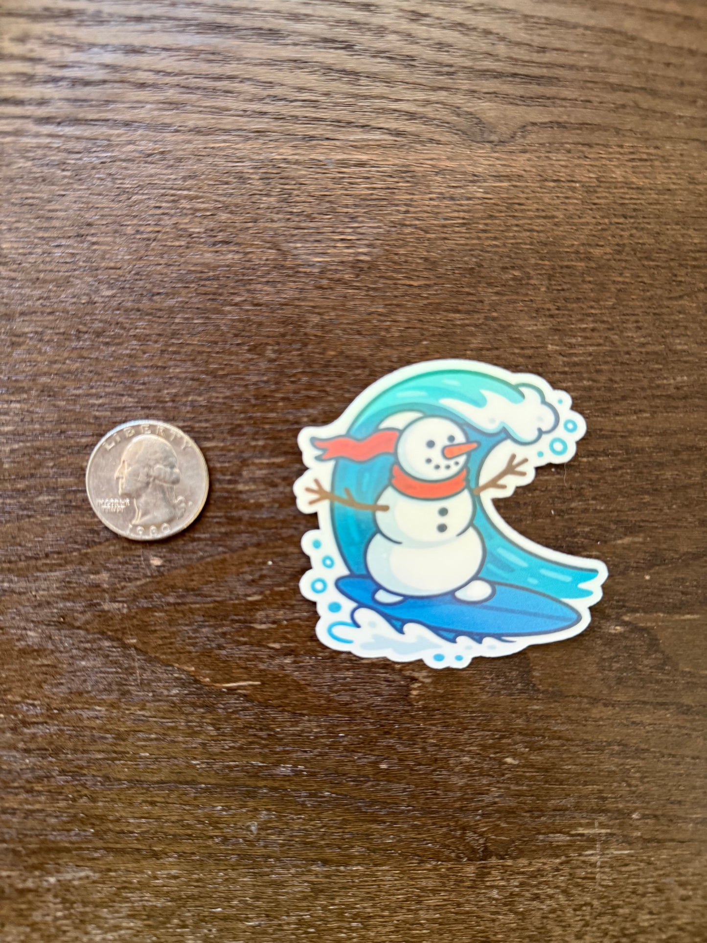 Holographic Surfing Snowman Sticker - Tropical Holiday Edition