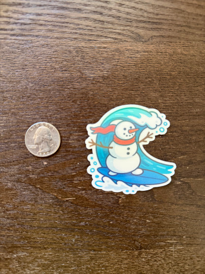 Holographic Surfing Snowman Sticker - Tropical Holiday Edition
