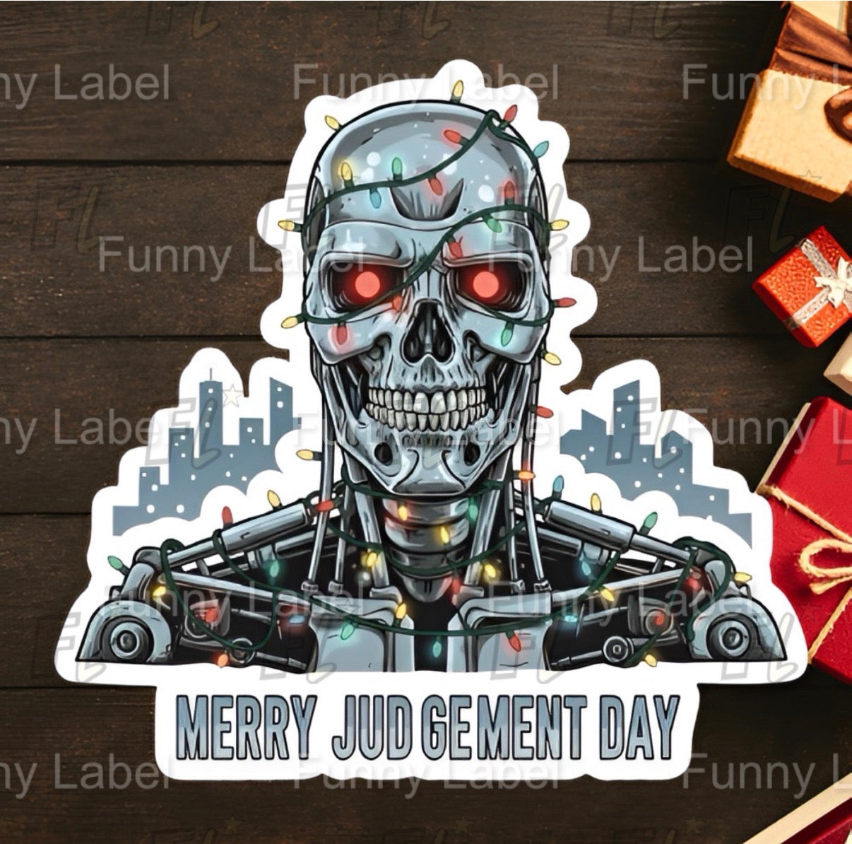 Sticker of a Terminator T-800 series skeleton with Christmas lights on a wooden surface with gift boxes.