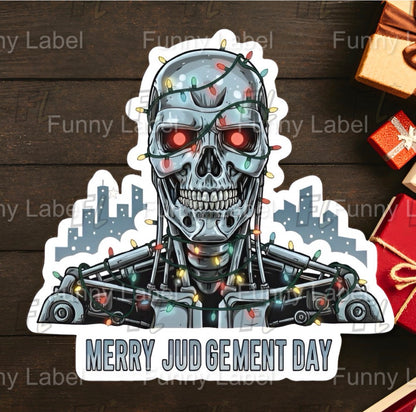 Sticker of a Terminator T-800 series skeleton with Christmas lights on a wooden surface with gift boxes.